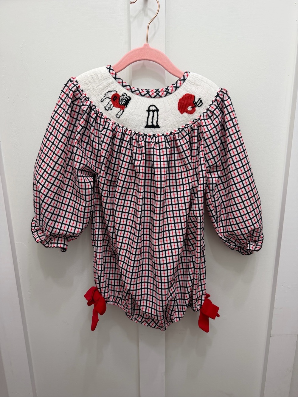 Sew Magnolia Smocks Georgia Bulldogs Smocked Plaid Bubble with Football